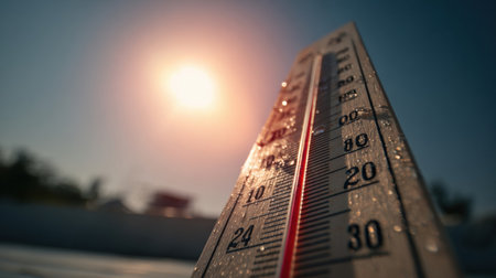 A thermometer shows high temperatures as the sun shines brightly in the sky during the summer months, indicating a heatwave setting in.の素材