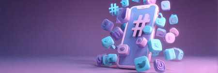 A smartphone prominently features a hashtag symbol while various colorful icons float around it, creating a lively digital atmosphere.の素材