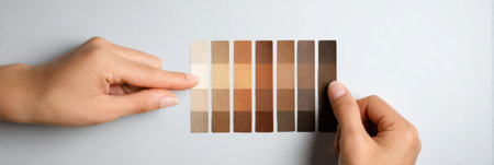 A hand delicately selects a skin tone from a chart featuring various shades on a light background.の素材