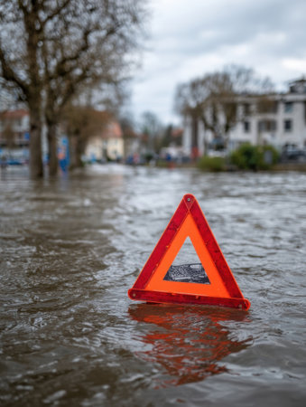 Floodwaters inundate city streets with a bright warning sign partially submerged in the water while trees and buildings appear in the background.の素材