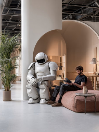 A man relaxes on a plush sofa while reading, accompanied by a humanoid robot in a stylish, well-lit interior featuring plants and elegant furnishings.の素材