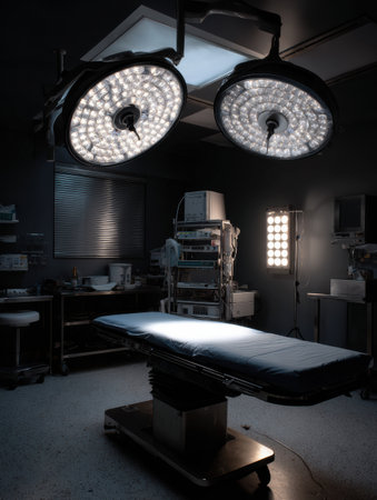 Surgical lights illuminate an operating room where medical equipment is arranged, and a patient is partially visible on the table, ready for a procedure.の素材