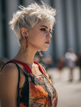 Boldly styled model stands in an urban environment with a striking haircut and colorful attire, capturing attention in a lively outdoor setting.の素材