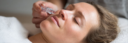 Microneedling treatment is being administered to a young woman in a tranquil clinic setting featuring soft tones and a spacious upper area.の素材