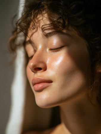 A serene face basks in radiant morning light near a window, showcasing a natural glow and soft features against a blurred background.の素材