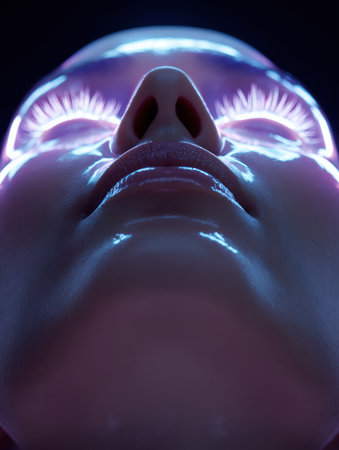 Transparent serum drops reflect a glowing light on a smooth forehead, emphasizing modern skin treatment and beauty enhancement in a dark environmentの素材