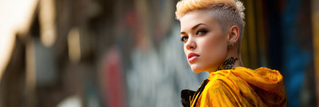 Model showcases striking street fashion with a bold haircut, set against an urban background full of colors and textures, capturing attention effortlessly.の素材