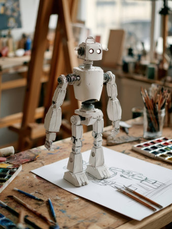 A wooden robot model stands on a table in an artists studio, surrounded by paints, brushes, and sketches, showcasing a creative workspace.の素材