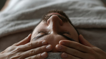 A man enjoys a calming facial massage in a tranquil setting, with soft lighting and a comfortable atmosphere that promotes relaxation and well-being.の素材
