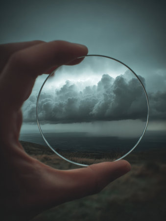 A hand grips a round lens, framing ominous clouds gathering over a distant horizon, signaling an impending storm during twilight hours.の素材