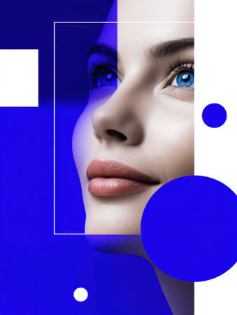 The skincare quiz interface features a confident womans face against a vibrant background. The design emphasizes simplicity and engaging colors.の素材