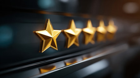 Golden stars shine brightly on a dark background, symbolizing high ratings for quality service or products, showing excellence and satisfaction.の素材