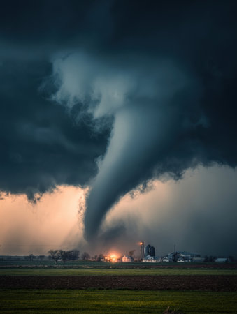 A tornado forms in the distance, creating a striking contrast against dark storm clouds over a rural farm as evening approaches.の素材