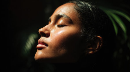 Woman with glowing skin and closed eyes is immersed in a peaceful atmosphere, bathed in soft light, with green leaves creating a serene backdrop.の素材