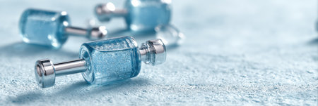 Various skincare ampoules and a dermaroller are arranged attractively on a textured surface, showing their elegant design and calming colors.の素材