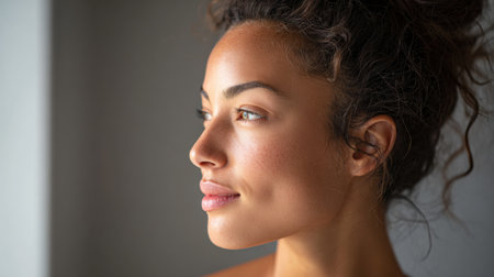 Woman with curly hair embraces tranquility in a spa after a recent procedure, with soft lighting enhancing her natural beauty and peaceful expression.の素材
