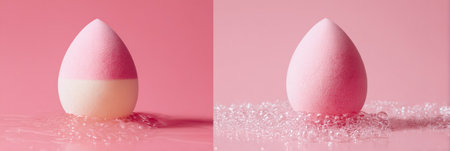 A beautiful pink beauty sponge rests on a smooth surface, surrounded by a soft glow and shimmering bubbles, creating an inviting aesthetic ambiance.の素材