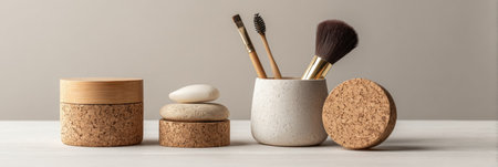Various beauty products and brushes are neatly organized in stylish containers, showing a minimalist aesthetic with natural elements.の素材