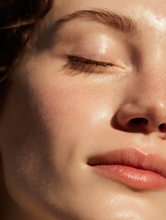 A serene moment captures the soft glow on a peaceful face with closed eyes, embodying calmness and relaxation in a soothing setting.の素材
