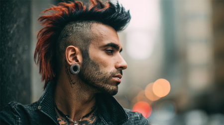 A stylish street fashion model stands confidently against an urban backdrop, showcasing a unique haircut and tattoos, embodying modern city culture.の素材