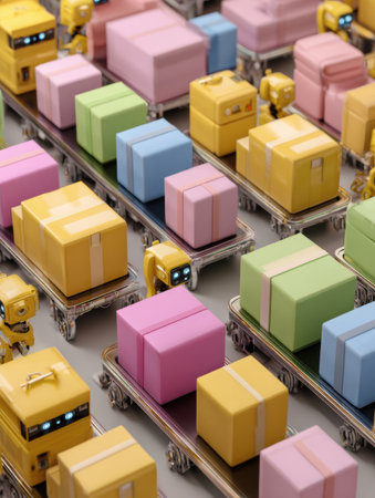 Delivery robots move vibrantly colored packages along conveyor belts in a bustling warehouse, showing the efficiency of modern logistics and automation.の素材