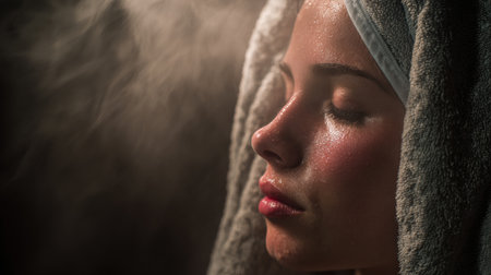 A person enjoys a steam facial session with a towel draped over their head, creating a serene and soothing experience in dim, atmospheric lighting.の素材