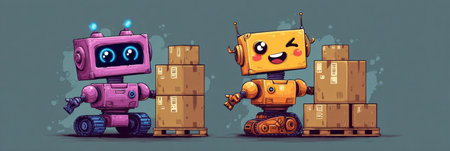 Two animated robots, one pink and one orange, happily stack boxes in a playful warehouse environment filled with energy and color.の素材