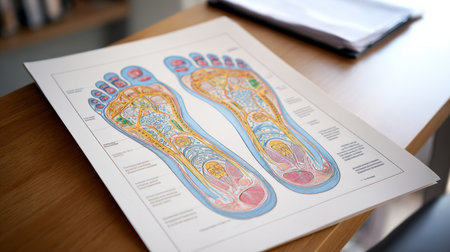 Reflexology foot map laid out on a table in a wellness center, illustrating connections between feet and various body parts, promoting therapeutic practices.の素材