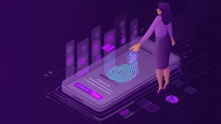 User engages with a smartphone featuring biometric fingerprint authentication in a futuristic, digital environment filled with holographic elements.の素材