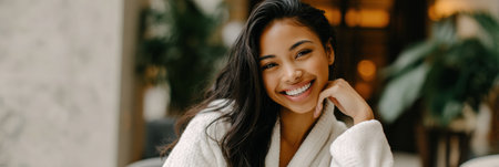 Smiling woman wearing a robe enjoys a moment of relaxation after her dermatology appointment in a tranquil spa setting, surrounded by natural decor.の素材