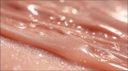 Delicate skin glows with radiant reflections against a smooth peach-toned backdrop, enhancing the sense of softness and warmth in the composition.の素材
