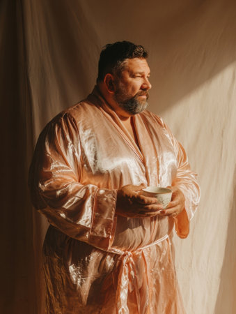 A man in a silky robe stands thoughtfully holding a cup, illuminated by gentle sunlight filtering in from the side, creating a serene atmosphere.の素材