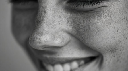 A smiling face highlights unique skin textures in a black and white setting, capturing the essence of joy and natural beauty against a clear background.の素材