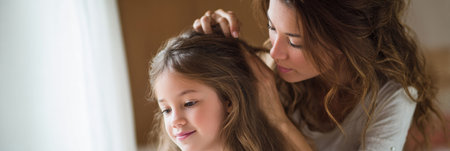 A mother styles gently her daughters hair in a warm and inviting home setting, creating a bonding moment filled with love and care.の素材