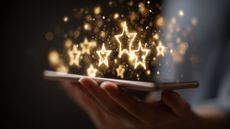 A person holds a smartphone that projects glowing stars and sparkles, creating a magical atmosphere in a low-light setting that enhances the visual delight.の素材