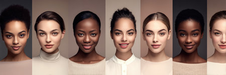 Diverse faces in soft neutral hues showcase skincare confidence, highlighting beauty and individuality with a blank upper section.の素材