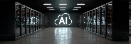 A high-tech data center glows at night with server racks and a neon AI cloud sign, showing advanced technology.の素材