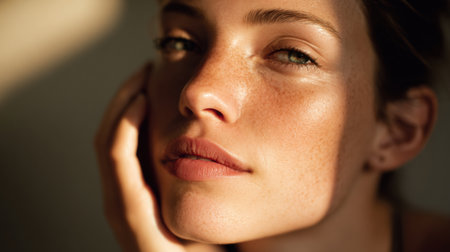 Natural light enhances the warm tones on the skin while highlighting features during a facial care routine in a peaceful setting.の素材