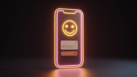 A smartphone is brightly illuminated, displaying a smiley face and user-friendly interface, creating a positive and inviting atmosphere.の素材