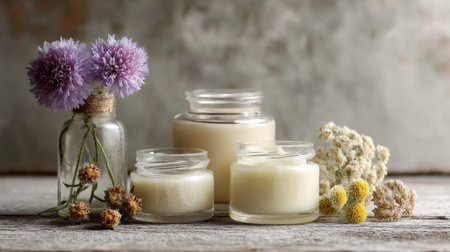 Three handmade candles are surrounded by vibrant flowers and natural elements, creating a serene and inviting atmosphere on the rustic wooden table.の素材