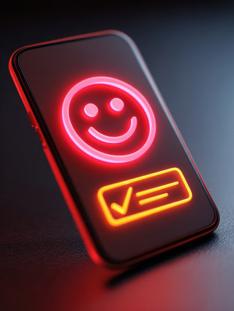 A smartphone is illuminated with a neon smiley face and a glowing checkmark in a dark setting, creating a modern and playful atmosphere.の素材