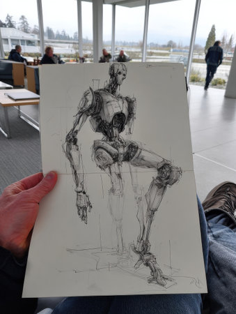 An artist displays a detailed sketch of a robot while seated in a contemporary lounge filled with people engaging in conversation on an overcast day.の素材