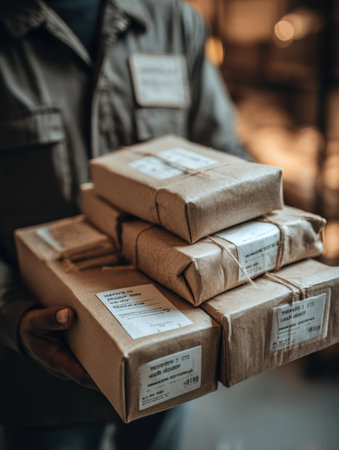 A delivery worker carries several neatly packaged items, labeled and ready for transport, in an organized warehouse setting with natural light.の素材