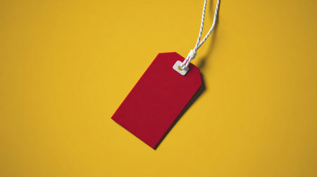 A simple yet striking red tag hangs from a white string, contrasting nicely with the bold yellow backdrop, creating an appealing visual contrast.の素材