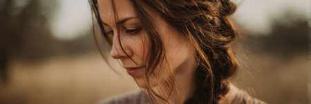 A woman gazes downward, showing her intricate side braid, surrounded by an open, softly blurred background illuminated by natural light.の素材