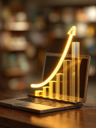 A laptop with a graphical representation of growth indicators showcases success in digital marketing strategies in a bright and inviting workspace.の素材