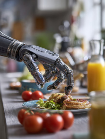 A robotic hand delicately places food on a plate at a stylish kitchen table filled with fresh produce and drinks on a sunny day.の素材