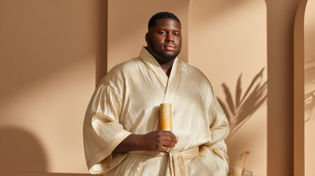 A man dressed in a luxurious satin robe stands confidently indoors, showing a skincare product in a warm, inviting environment filled with soft lighting.の素材