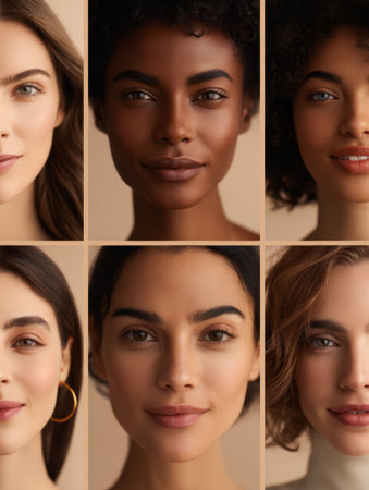 Faces of diverse individuals represent skincare confidence and inclusivity, highlighted by soft neutral tones and an empty upper third for design purposes.の素材