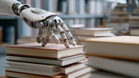 A robotic hand gently touches a stack of books on a table in a well-lit library filled with shelves and various reading materials.の素材